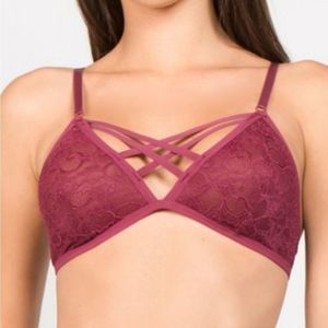 Women's Lace Wine Cross-Over Bralette Size Small